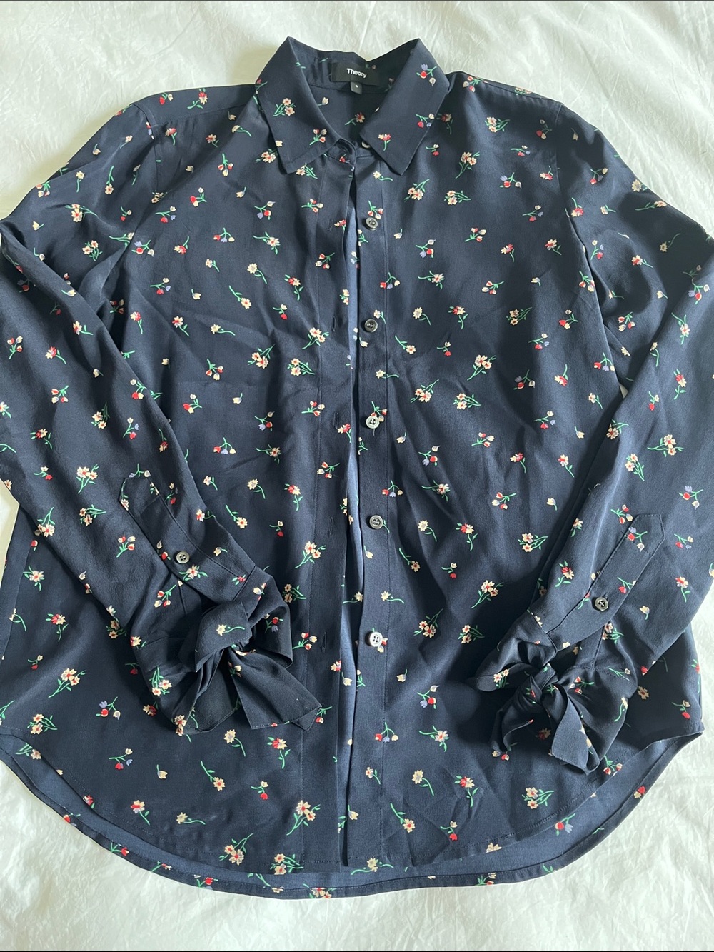 Theory Silk Tie-Cuff Floral-Print Button-Up Blouse Flower Toss
